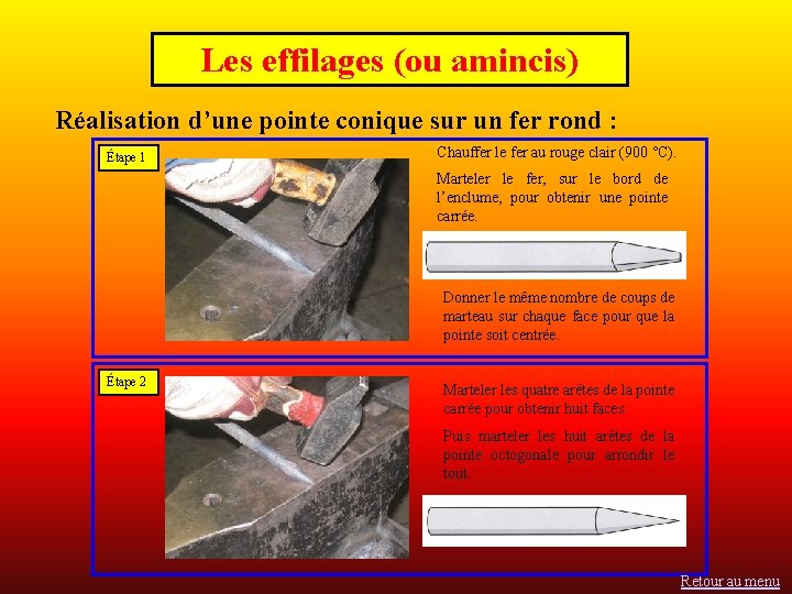 Les effilages (ou amincis) Réalisation d’une pointe conique sur un fer rond : Étape