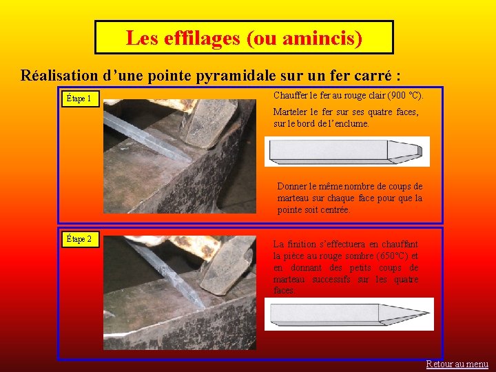 Les effilages (ou amincis) Réalisation d’une pointe pyramidale sur un fer carré : Étape