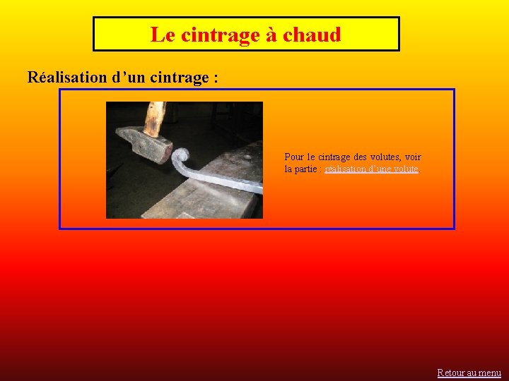 Le cintrage à chaud Réalisation d’un cintrage : Pour le cintrage des volutes, voir