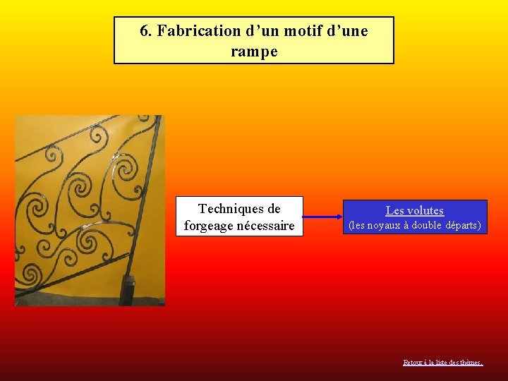 6. Fabrication d’un motif d’une rampe Techniques de forgeage nécessaire Les volutes (les noyaux