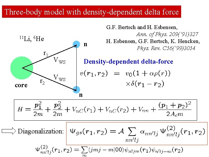 Three-body model with density-dependent delta force 11 Li, 6 He r 1 core r