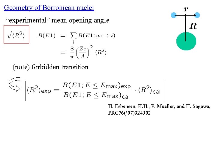 Geometry of Borromean nuclei “experimental” mean opening angle (note) forbidden transition H. Esbensen, K.