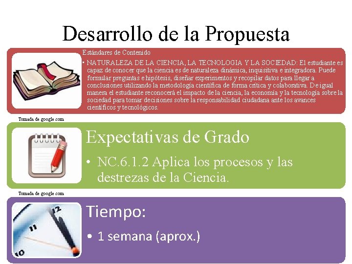 Desarrollo de la Propuesta Estándares de Contenido • NATURALEZA DE LA CIENCIA, LA TECNOLOGIA
