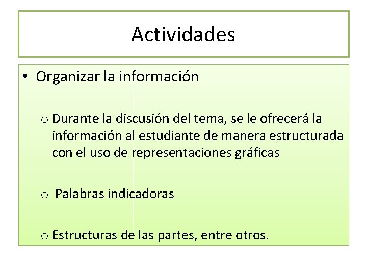 Actividades • Organizar la información o Durante la discusión del tema, se le ofrecerá