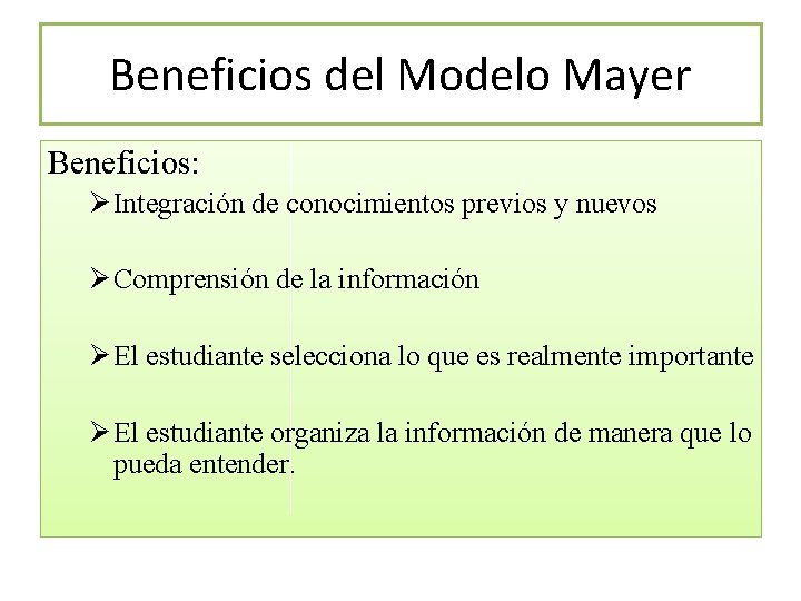 Beneficios del Modelo Mayer Beneficios: Ø Integración de conocimientos previos y nuevos Ø Comprensión