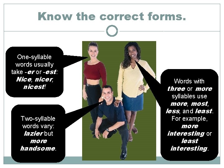 Know the correct forms. One-syllable words usually take -er or -est: Nice, nicer, nicest!