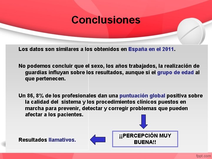 Conclusiones Los datos son similares a los obtenidos en España en el 2011. No