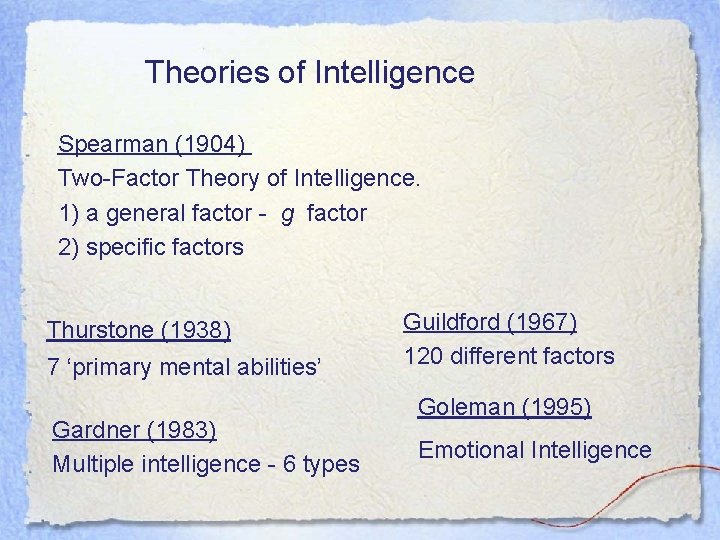 Theories of Intelligence Spearman (1904) Two-Factor Theory of Intelligence. 1) a general factor -