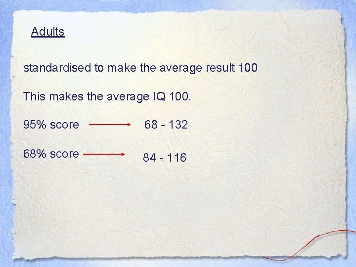 Adults standardised to make the average result 100 This makes the average IQ 100.