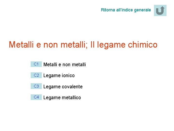 Ritorna all’indice generale Metalli e non metalli; Il legame chimico C 1 • Metalli