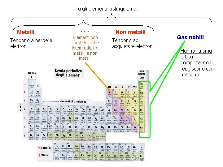 Tra gli elementi distinguiamo: Metalli Tendono a perdere elettroni … Elementi con caratteristiche intermedie