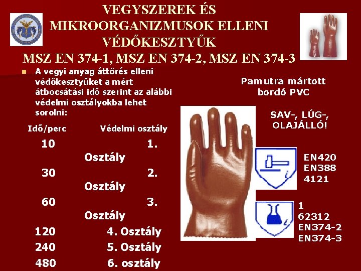 VEGYSZEREK ÉS MIKROORGANIZMUSOK ELLENI VÉDŐKESZTYŰK MSZ EN 374 -1, MSZ EN 374 -2, MSZ