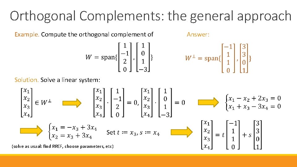 Orthogonal Complements: the general approach Example. Compute the orthogonal complement of Solution. Solve a