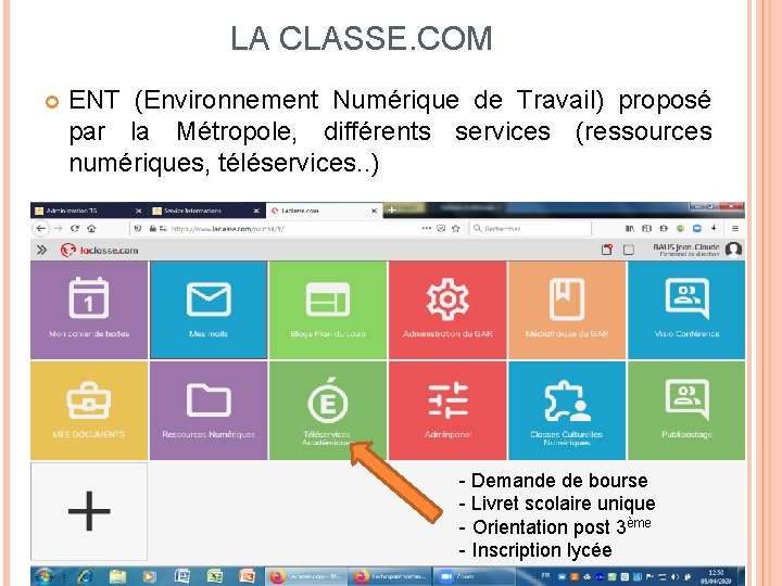 LA CLASSE. COM ENT (Environnement Numérique de Travail) proposé par la Métropole, différents services