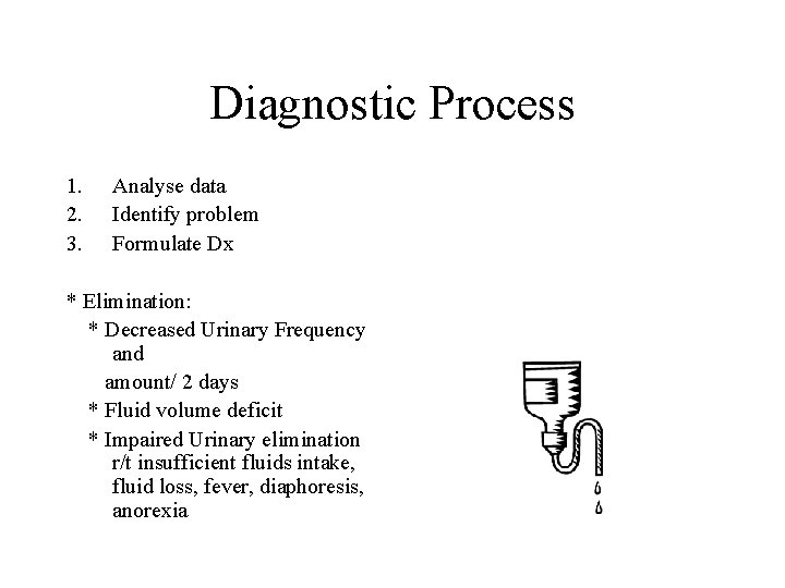 Diagnostic Process 1. 2. 3. Analyse data Identify problem Formulate Dx * Elimination: *