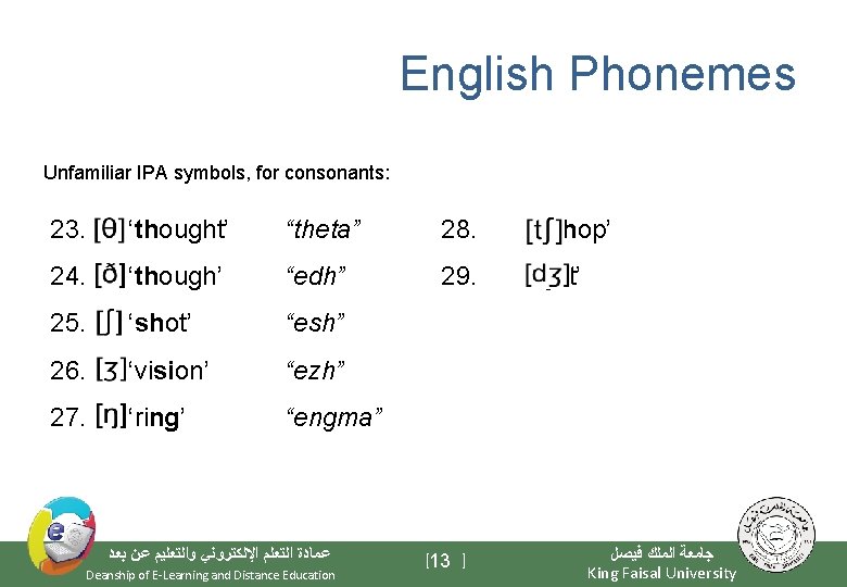 English Phonemes Unfamiliar IPA symbols, for consonants: 23. ‘thought’ “theta” 28. ‘chop’ 24. ‘though’