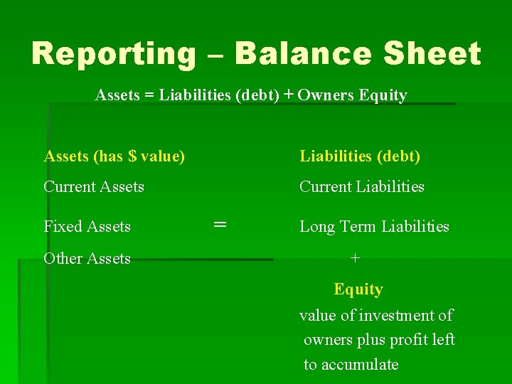 Reporting – Balance Sheet Assets = Liabilities (debt) + Owners Equity Assets (has $