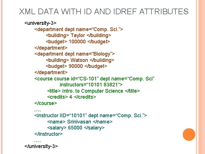 XML DATA WITH ID AND IDREF ATTRIBUTES <university-3> <department dept name=“Comp. Sci. ”> <building>