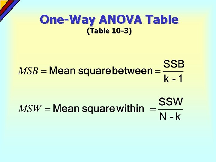 One-Way ANOVA Table (Table 10 -3) One-Way ANOVA Table (Table 10 -3)