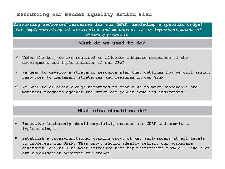 Resourcing our Gender Equality Action Plan Allocating dedicated resources for our GEAP, including a