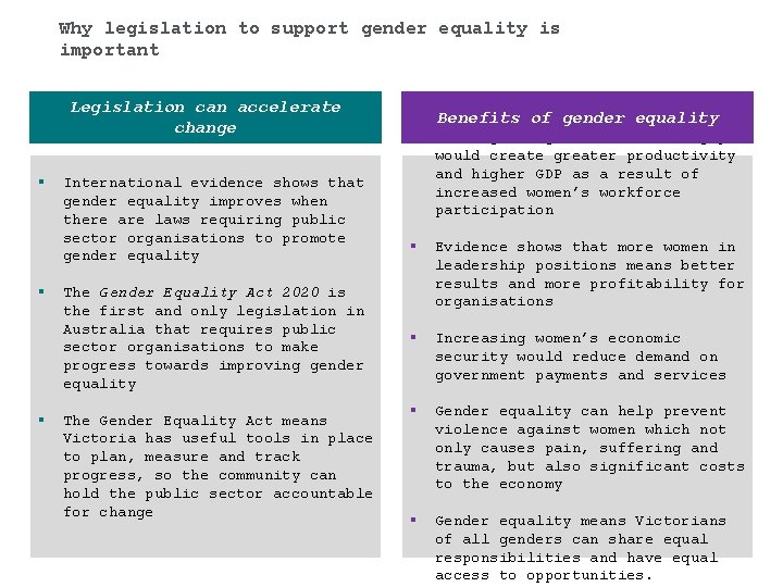 Why legislation to support gender equality is important Legislation can accelerate change § §