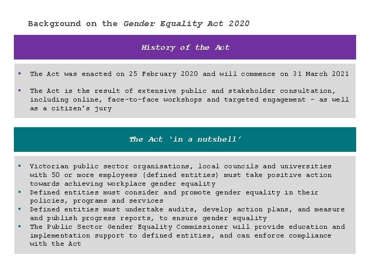 Background on the Gender Equality Act 2020 History of the Act § The Act