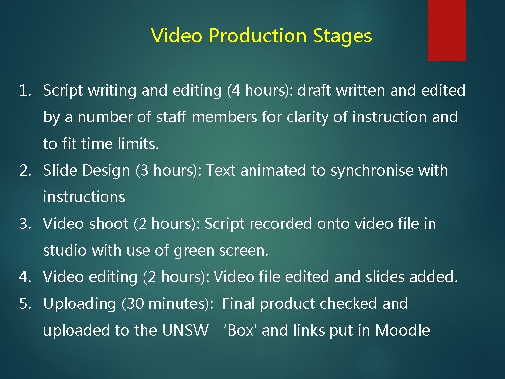 Video Production Stages 1. Script writing and editing (4 hours): draft written and edited