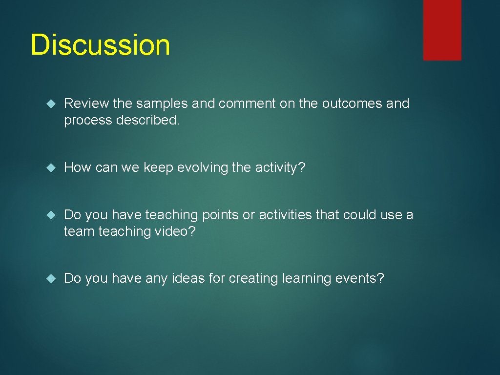 Discussion Review the samples and comment on the outcomes and process described. How can