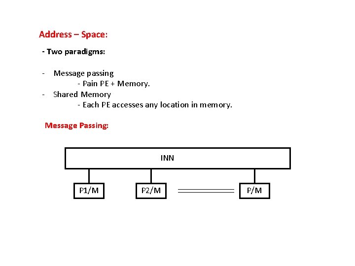 Address – Space: - Two paradigms: - Message passing - Pain PE + Memory.