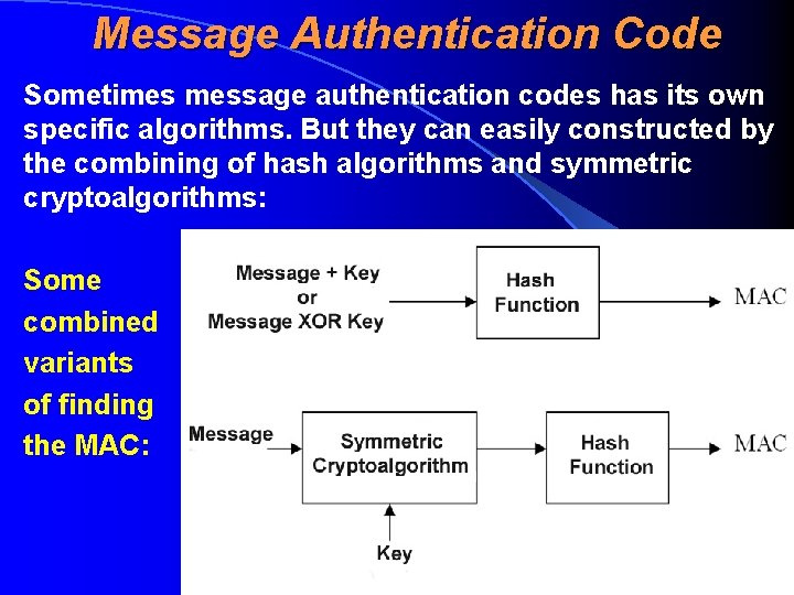 Message Authentication Code Sometimes message authentication codes has its own specific algorithms. But they