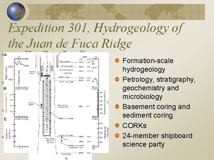 Expedition 301, Hydrogeology of the Juan de Fuca Ridge Formation-scale hydrogeology Petrology, stratigraphy, geochemistry