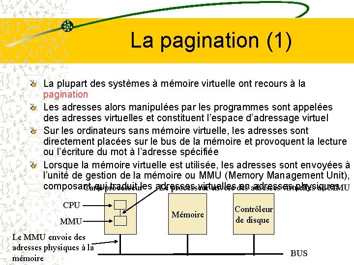 La pagination (1) La plupart des systèmes à mémoire virtuelle ont recours à la