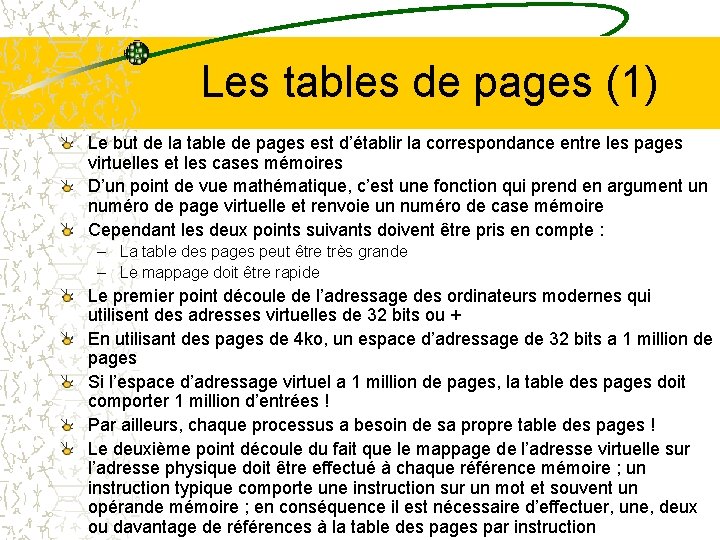 Les tables de pages (1) Le but de la table de pages est d’établir