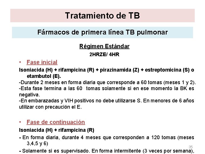 Tratamiento de TB Fármacos de primera línea TB pulmonar Régimen Estándar 2 HRZE/ 4 Tratamiento de TB Fármacos de primera línea TB pulmonar Régimen Estándar 2 HRZE/ 4