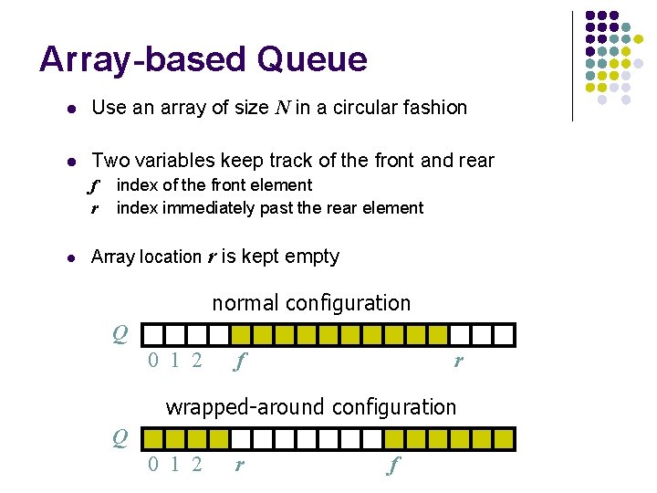 Array-based Queue l Use an array of size N in a circular fashion l