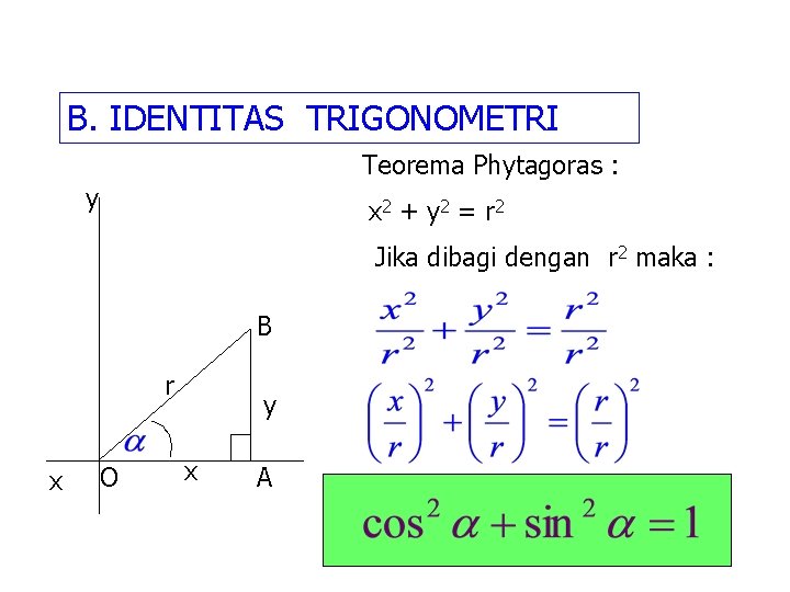 B. IDENTITAS TRIGONOMETRI Teorema Phytagoras : y x 2 + y 2 = r