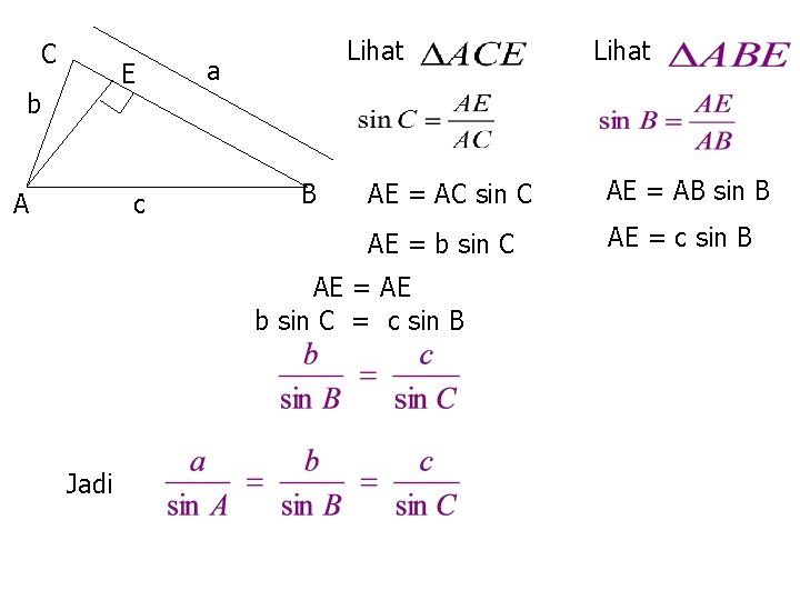 C E b A c Lihat a B AE = AC sin C AE