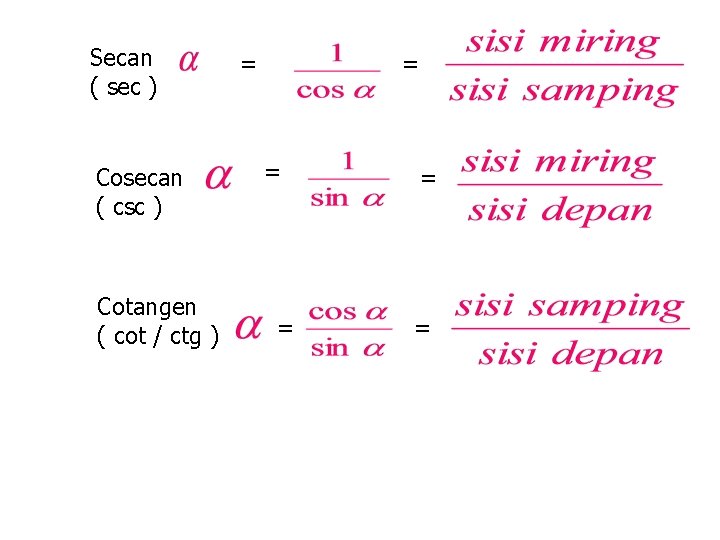Secan ( sec ) Cosecan ( csc ) Cotangen ( cot / ctg )