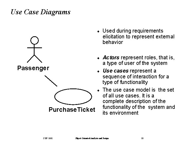 Use Case Diagrams Passenger ¨ Used during requirements elicitation to represent external behavior ¨