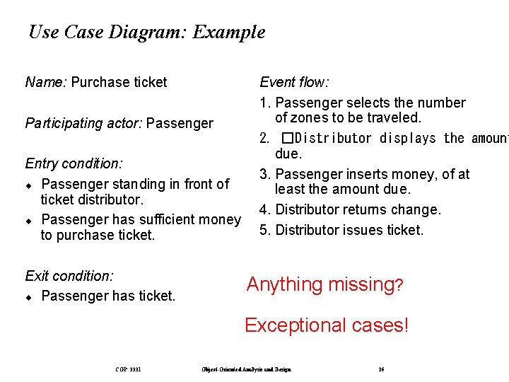 Use Case Diagram: Example Name: Purchase ticket Participating actor: Passenger Entry condition: ¨ Passenger