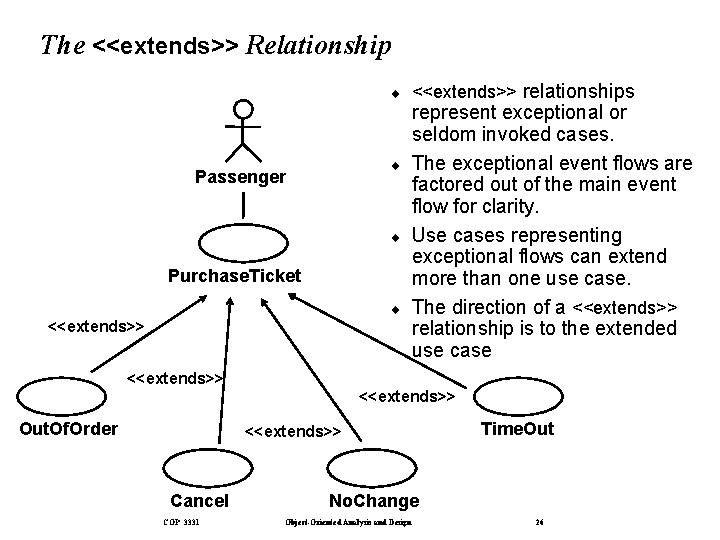 The <<extends>> Relationship ¨ ¨ Passenger ¨ Purchase. Ticket ¨ <<extends>> relationships represent exceptional