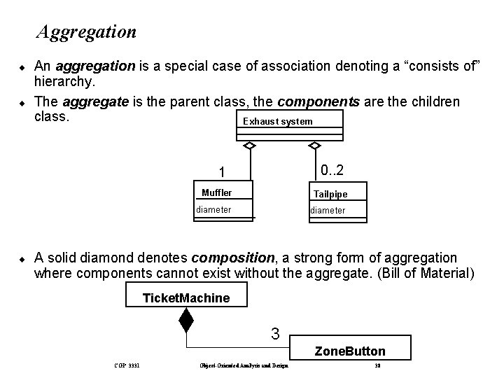 Aggregation ¨ ¨ An aggregation is a special case of association denoting a “consists