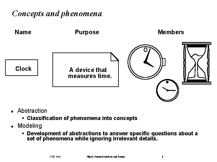 Concepts and phenomena Name Purpose Clock ¨ Members A device that measures time. Abstraction