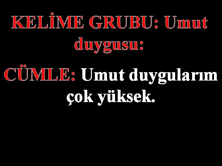 KELİME GRUBU: Umut duygusu: CÜMLE: Umut duygularım çok yüksek. 
