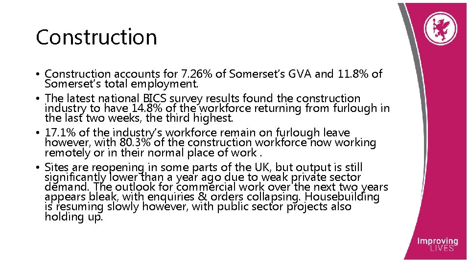 Construction • Construction accounts for 7. 26% of Somerset’s GVA and 11. 8% of