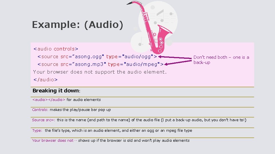 Example: (Audio) <audio controls> <source src=“asong. ogg" type="audio/ogg"> <source src=“asong. mp 3" type="audio/mpeg"> Don’t