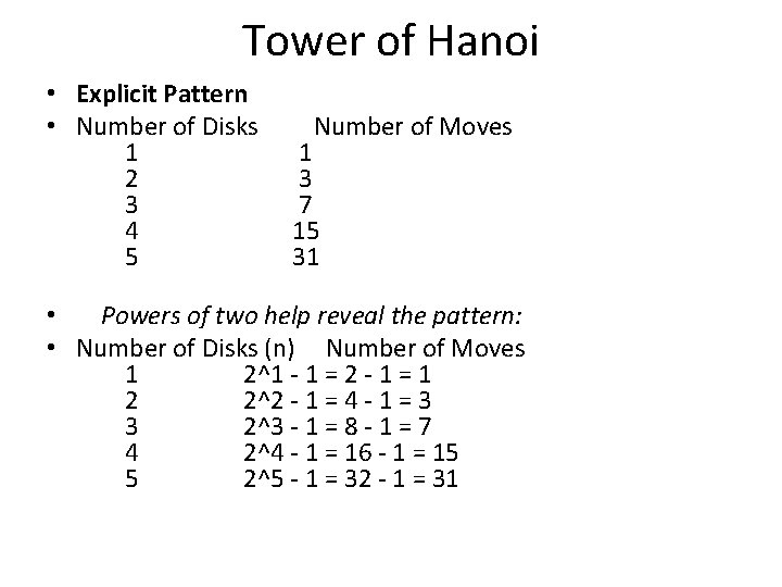 Tower of Hanoi • Explicit Pattern • Number of Disks 1 2 3 4