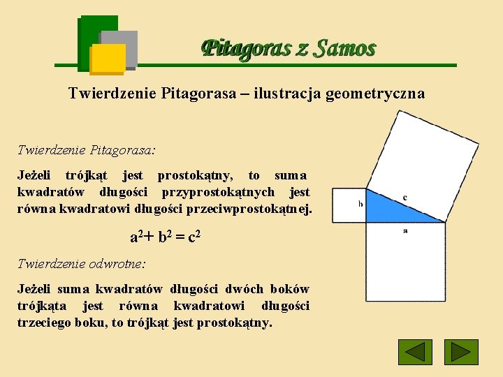 Twierdzenie Pitagorasa – ilustracja geometryczna Twierdzenie Pitagorasa: Jeżeli trójkąt jest prostokątny, to suma kwadratów