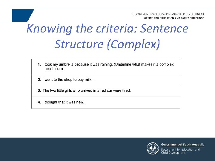 Knowing the criteria: Sentence Structure (Complex) 