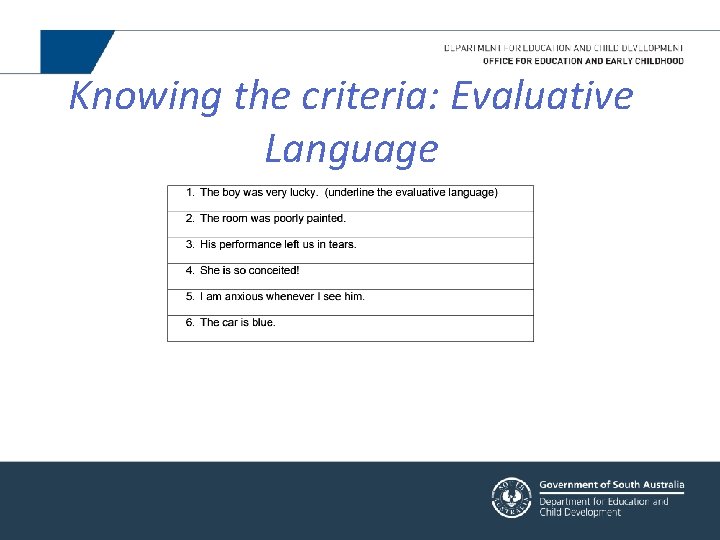 Knowing the criteria: Evaluative Language 